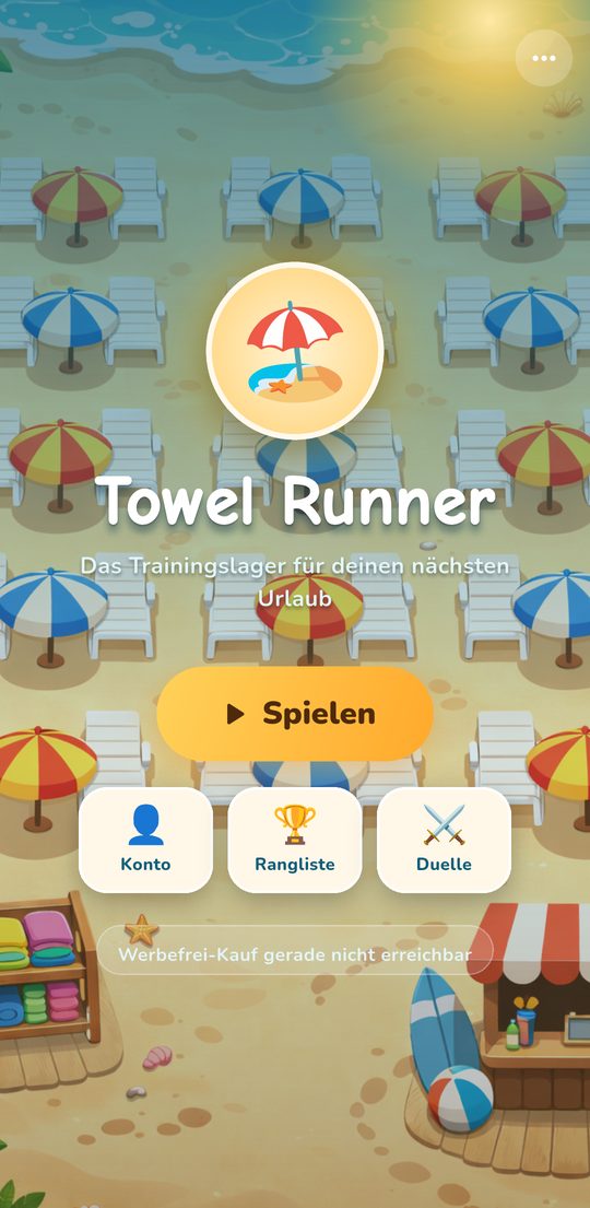 Startbildschirm mit Spielen, Konto, Rangliste und Duellen